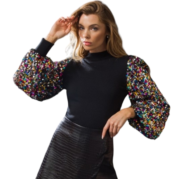 Women's Black Sequin Sleeve Top NWT - Picture 1 of 5